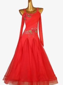 Costumes De Danse De Salon Rouge Manches Longues Femmes Élégantes Lycra Spandex Brodé Strass Robe De Danse