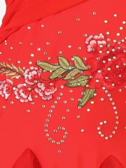 Costumes De Danse De Salon Rouge Manches Longues Femmes Élégantes Lycra Spandex Brodé Strass Robe De Danse