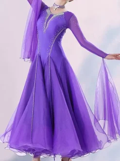 Costumes de danse de salon violet robe élégante en lycra et spandex à col en V pour femmes robe de danse à paillettes