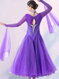 Costumes de danse de salon violet robe élégante en lycra et spandex à col en V pour femmes robe de danse à paillettes