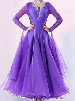 Costumes de danse de salon violet robe élégante en lycra et spandex à col en V pour femmes robe de danse à paillettes