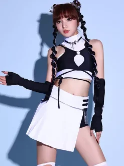 Costumes de danse jazz blanc pour femmes en polyester haut jupe gants ensemble vêtements de danse
