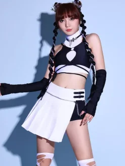 Costumes de danse jazz blanc pour femmes en polyester haut jupe gants ensemble vêtements de danse