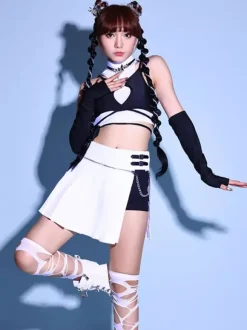 Costumes de danse jazz blanc pour femmes en polyester haut jupe gants ensemble vêtements de danse