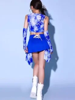 Costumes de danse Jazz pour femmes en mousseline de soie Lycra Spandex jupe fendue gants haut vêtements de danse