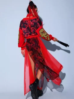 Costumes de danse jazz pour femmes Corset en polyester pardessus jupe fendue ceinture 4 pièces ensemble vêtements de danse