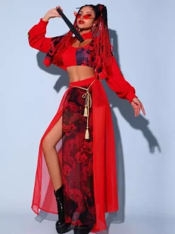Costumes de danse jazz pour femmes Corset en polyester pardessus jupe fendue ceinture 4 pièces ensemble vêtements de danse