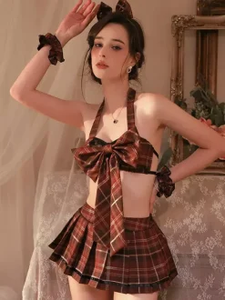 Costume Sexy D'Écolière Femmes Jupe Lingerie Ensemble N艙ud