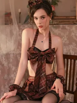 Costume Sexy D'Écolière Femmes Jupe Lingerie Ensemble N艙ud