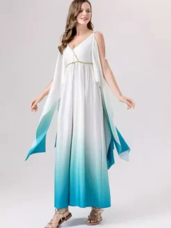 Costumes Grecs Robe Élégante Bleu Ciel Clair Ensemble Ombré Déguisement Carnaval