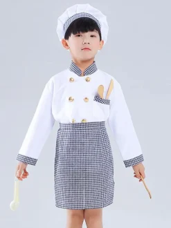 Costumes pour enfants Chef Cosplay chapeau blanc vêtements tablier ensemble 3 pièces Costume d'halloween en polyester