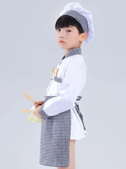 Costumes pour enfants Chef Cosplay chapeau blanc vêtements tablier ensemble 3 pièces Costume d'halloween en polyester