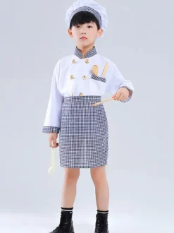 Costumes pour enfants Chef Cosplay chapeau blanc vêtements tablier ensemble 3 pièces Costume d'halloween en polyester