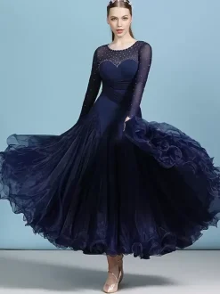 Costumes Robe de danse de salon bleu marine foncé femme élégant transparent en polyester soirée