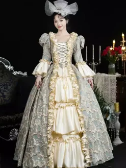 Costumes rétro bleu ciel clair pour femmes volants en dentelle couvre-chef en polyester robe rétro costume Marie-Antoinette vêtements vintage
