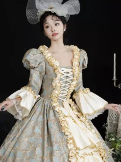 Costumes rétro bleu ciel clair pour femmes volants en dentelle couvre-chef en polyester robe rétro costume Marie-Antoinette vêtements vintage