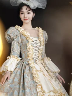 Costumes rétro bleu ciel clair pour femmes volants en dentelle couvre-chef en polyester robe rétro costume Marie-Antoinette vêtements vintage
