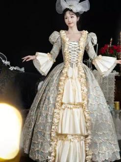 Costumes rétro bleu ciel clair pour femmes volants en dentelle couvre-chef en polyester robe rétro costume Marie-Antoinette vêtements vintage