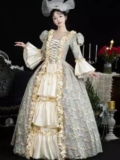 Costumes rétro bleu ciel clair pour femmes volants en dentelle couvre-chef en polyester robe rétro costume Marie-Antoinette vêtements vintage