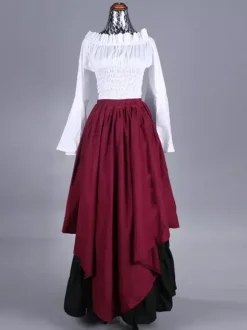 Costumes rétro bordeaux volants haut à carreaux en polyester pour femmes costume Marie Antoinette ensemble rétro robe de bal de fin d'année Bourgogne