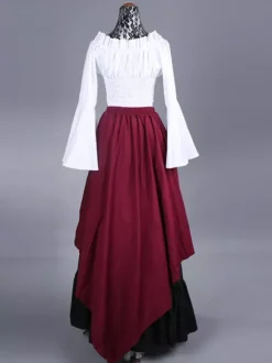 Costumes rétro bordeaux volants haut à carreaux en polyester pour femmes costume Marie Antoinette ensemble rétro robe de bal de fin d'année Bourgogne