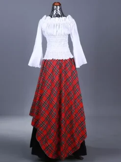 Costumes rétro bordeaux volants haut à carreaux en polyester pour femmes costume Marie Antoinette ensemble rétro robe de bal de fin d'année Bourgogne