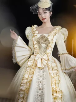 Costumes rétro champagne pour femmes volants en dentelle couvre-chef en polyester costume rétro de Marie-Antoinette costume du XVIIIe siècle
