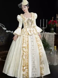 Costumes rétro champagne pour femmes volants en dentelle couvre-chef en polyester costume rétro de Marie-Antoinette costume du XVIIIe siècle