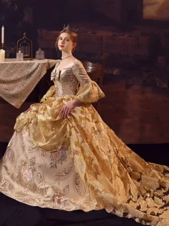 Costumes rétro dorés Robe en polyester Costume Marie Antoinette Vêtements vintage de style européen pour femmes