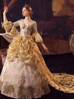 Costumes rétro dorés Robe en polyester Costume Marie Antoinette Vêtements vintage de style européen pour femmes