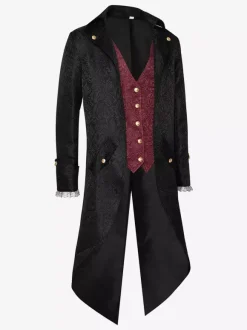 Costumes rétro à manches longues en jacquard de polyester occidental vintage bordeaux pour homme Bourgogne