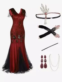 Costumes rétro noir rouge paillettes Polyester accessoire femmes vintage Marie Antoinette ensemble de robe de bal de fête Bourgogne