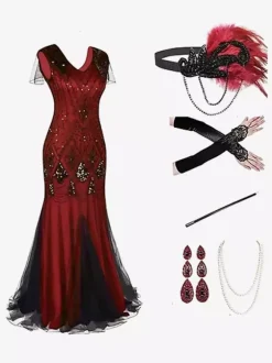 Costumes rétro noir rouge paillettes Polyester accessoire femmes vintage Marie Antoinette ensemble de robe de bal de fête Bourgogne