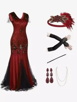 Costumes rétro noir rouge paillettes Polyester accessoire femmes vintage Marie Antoinette ensemble de robe de bal de fête Bourgogne