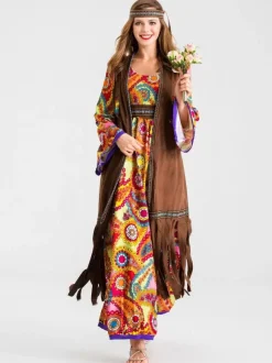 Costumes rétro Orange Polyester imprimé floral Costume Marie-Antoinette Gilet Hippies Tunique Costume du XVIIIe siècle Ensemble complet