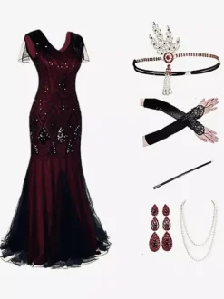 Costumes Rétro Robe De Bal Vintage Longue Bordeaux À Franges Paillettes Ensemble Accessoire Bourgogne