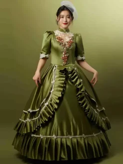 Costumes rétro vert chasseur chapeau à volants en Polyester pour femmes Costume Marie Antoinette robe de bal de fête rétro