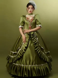 Costumes rétro vert chasseur chapeau à volants en Polyester pour femmes Costume Marie Antoinette robe de bal de fête rétro
