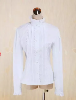 Coton blanc Lolita Blouse manches longues Stand collier dentelle Ruffles garniture Déguisements Halloween