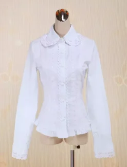 Coton blanc Lolita Blouse manches longues dentelle garniture Turn-down col Déguisements Halloween
