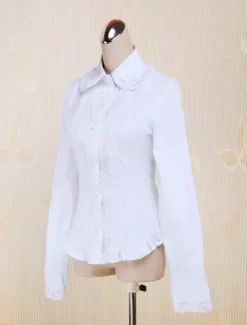 Coton blanc Lolita Blouse manches longues dentelle garniture Turn-down col Déguisements Halloween