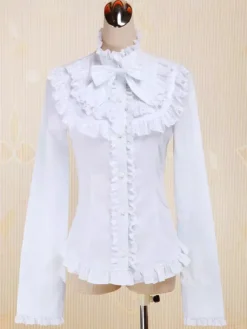 Coton blanc Lolita Blouse manches longues Stand collier dentelle Ruffles Bow Déguisements Halloween