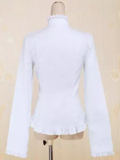 Coton blanc Lolita Blouse manches longues Stand collier dentelle Ruffles Bow Déguisements Halloween