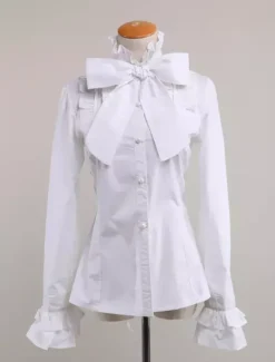 Coton noir Lolita Blouse manches longues Stand collier volants Bow Déguisements Halloween