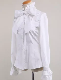 Coton noir Lolita Blouse manches longues Stand collier volants Bow Déguisements Halloween