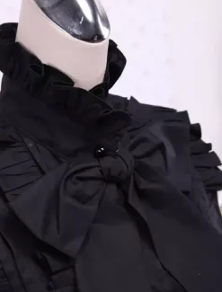 Coton noir Lolita Blouse manches longues Stand collier volants Bow Déguisements Halloween
