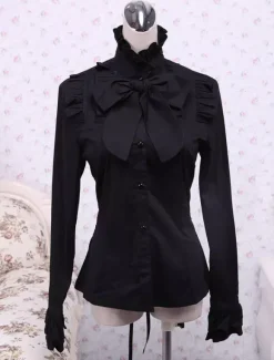 Coton noir Lolita Blouse manches longues Stand collier volants Bow Déguisements Halloween