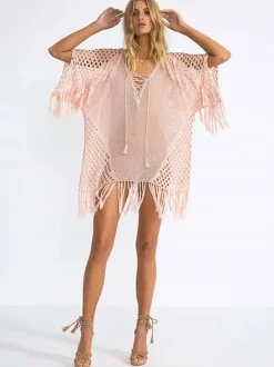 Couvre-maillot Blanc Frange Col en V Demi Manches Acrylique D'été Sexy Maillots De Bain