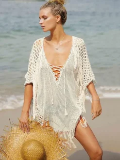 Couvre-maillot Blanc Frange Col en V Demi Manches Acrylique D'été Sexy Maillots De Bain