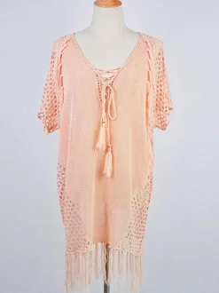 Couvre-maillot Blanc Frange Col en V Demi Manches Acrylique D'été Sexy Maillots De Bain
